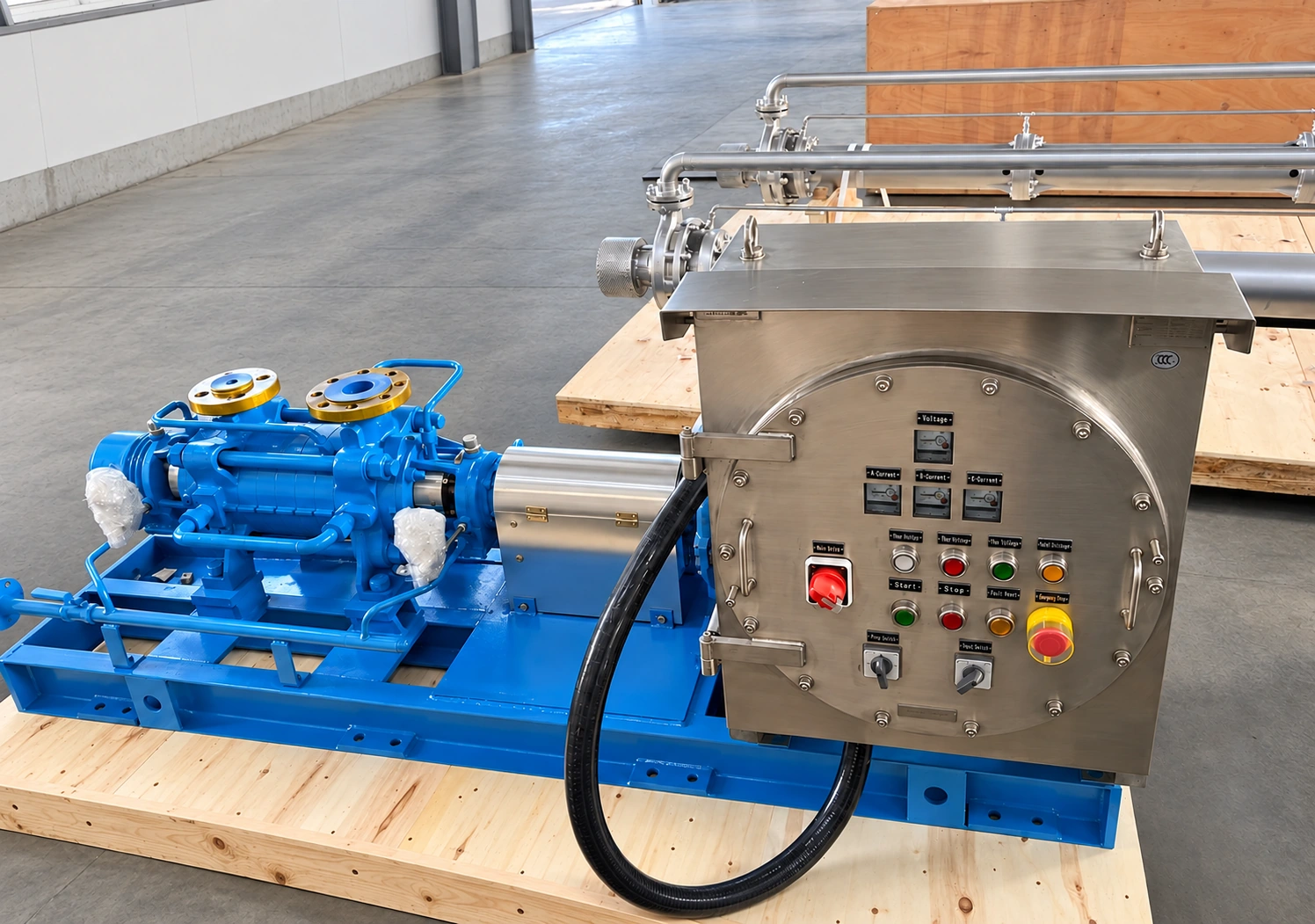 Conjunto de bomba azul y panel de control sobre un palé de madera.