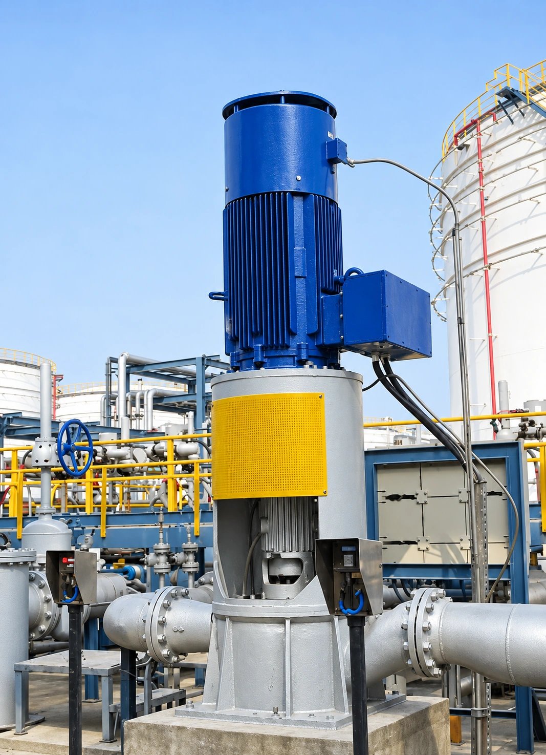 Bomba vertical en línea instalada, con motor azul y protector amarillo del acoplamiento.