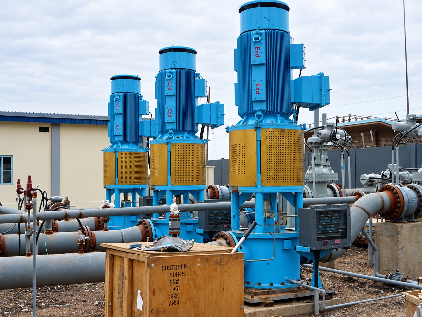 Tres instalaciones de bombas verticales azules con protectores amarillos de los acoplamientos.